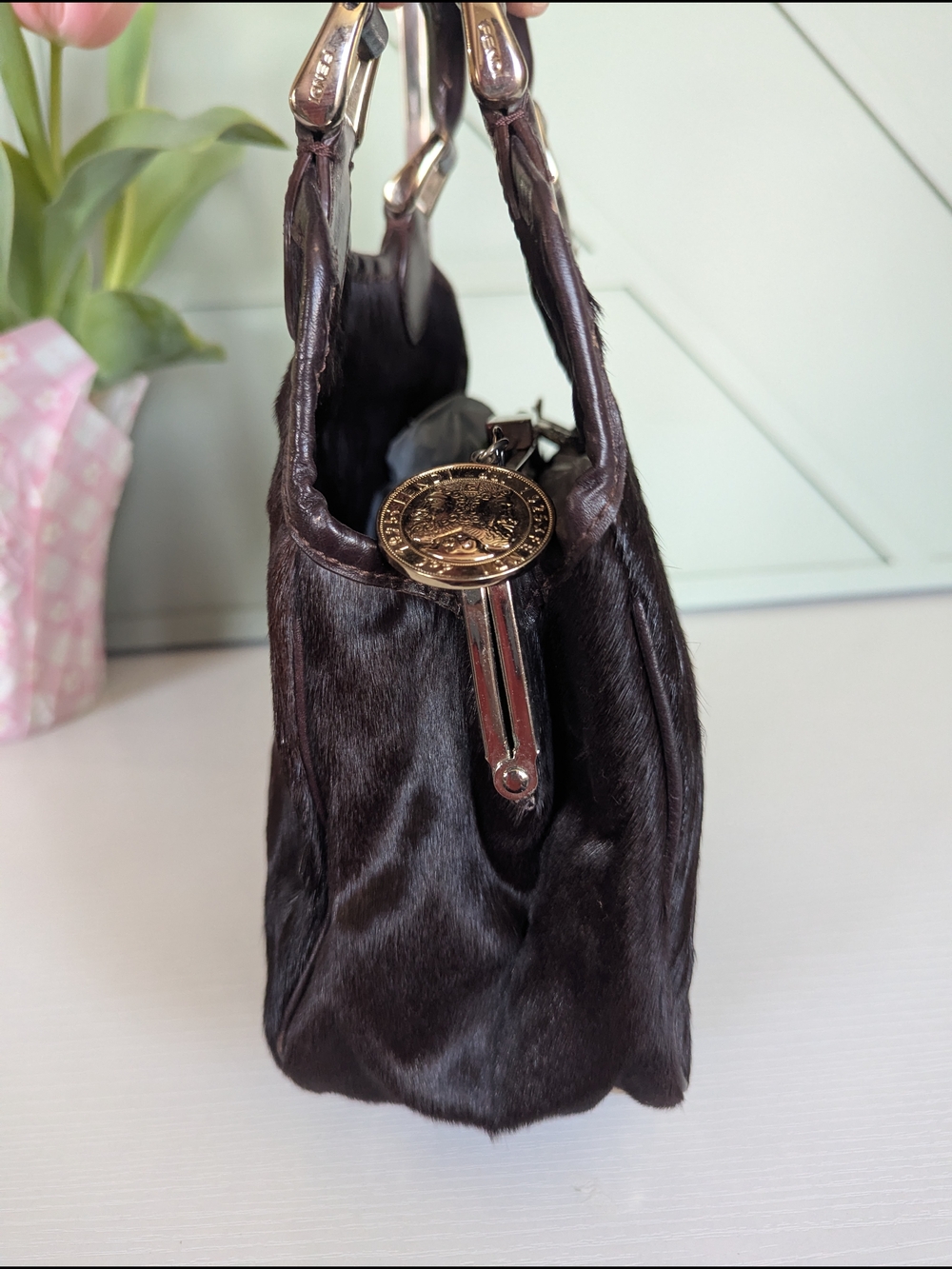 Fendi Dark Brown Mini Top-Handle Fur Bag with Gold Hardware - Picture 3 of 15